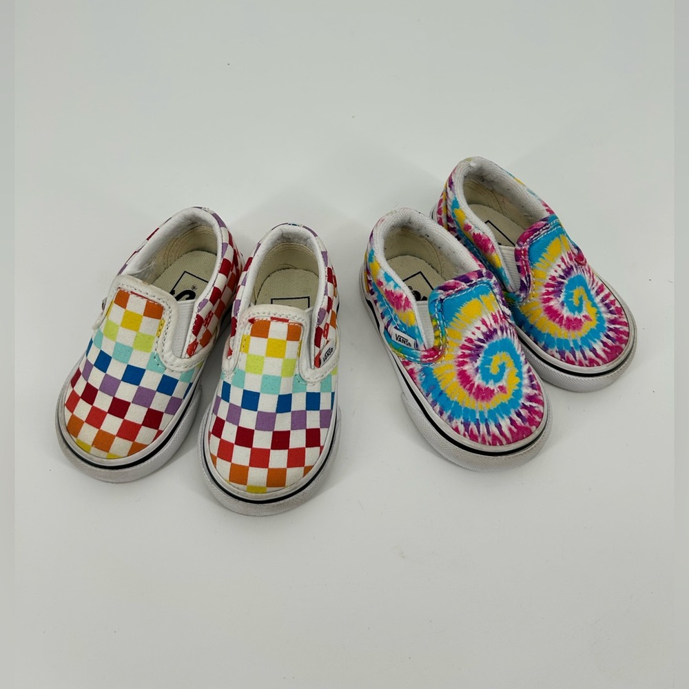 Lot (2) of Toddler Vans Off the Wall Slip-On Shoes Tie dye checkered Size 3